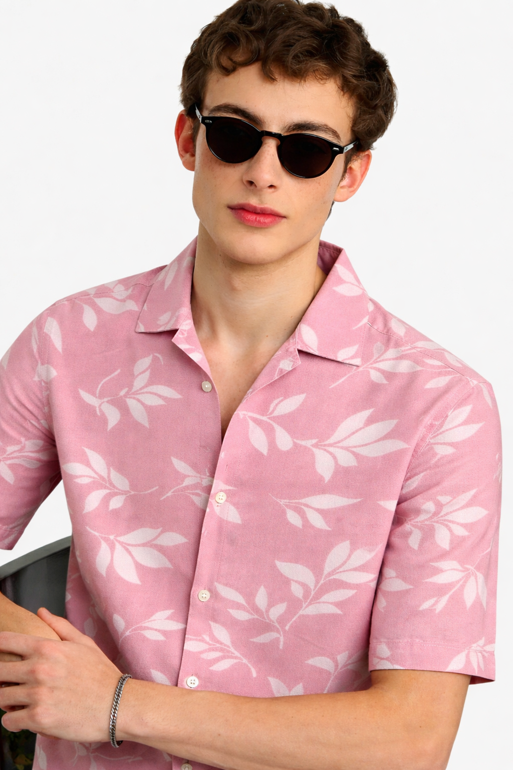 Pink Shirt with Leaf Print Half Sleeve Shirt (SKU-501)