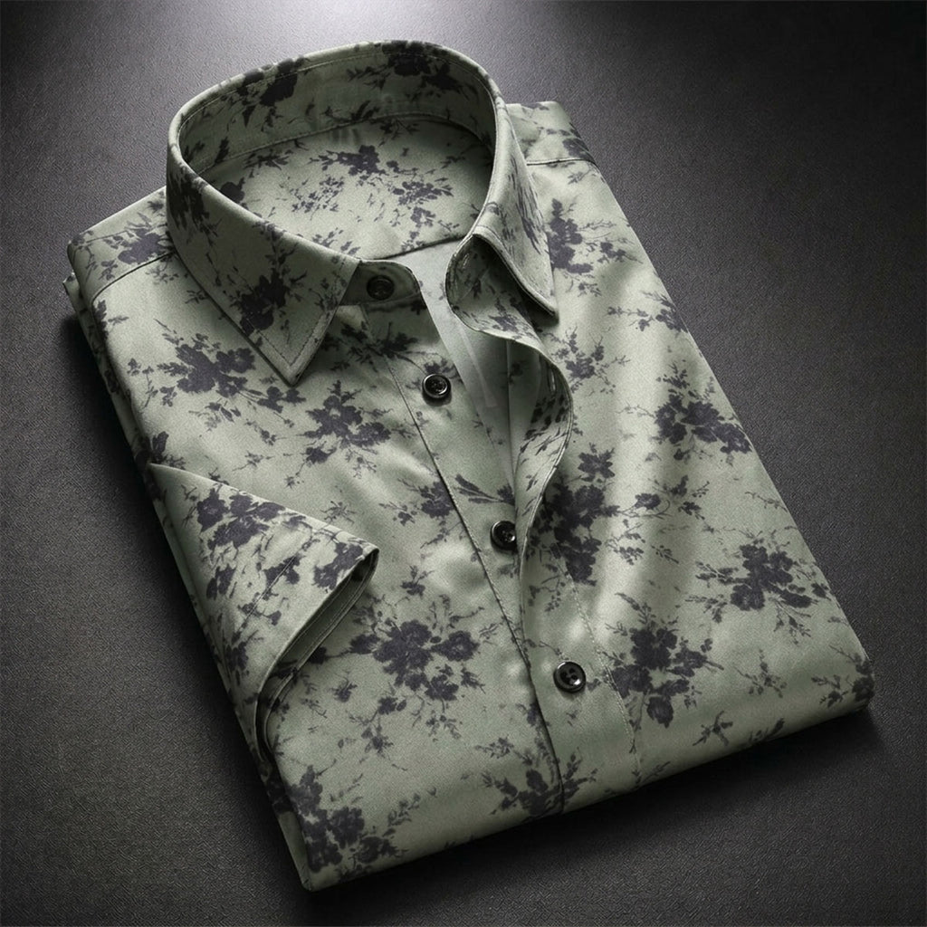 Green Shirt with Black Floral Print Half Sleeve Shirt (SKU-502)