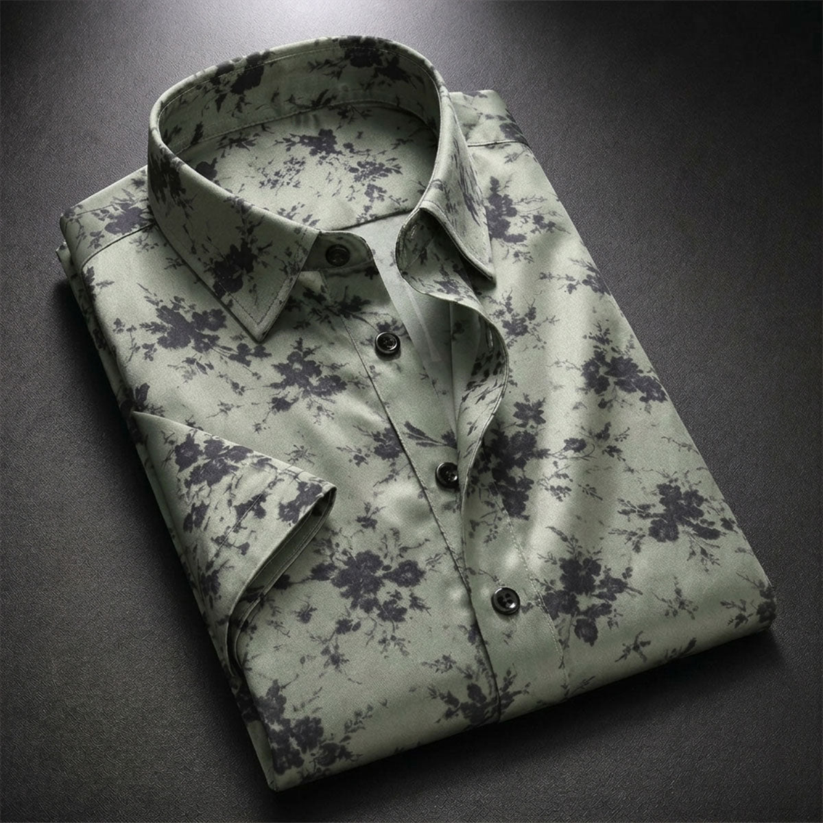 Green Shirt with Black Floral Print Half Sleeve Shirt (SKU-502)
