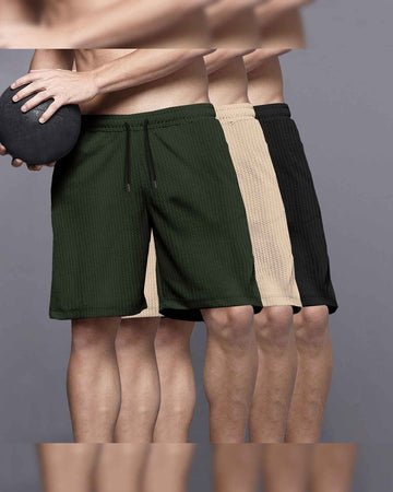 (Pack Of 3) Men Plain Waffle Shorts / Olive-Beige-Black