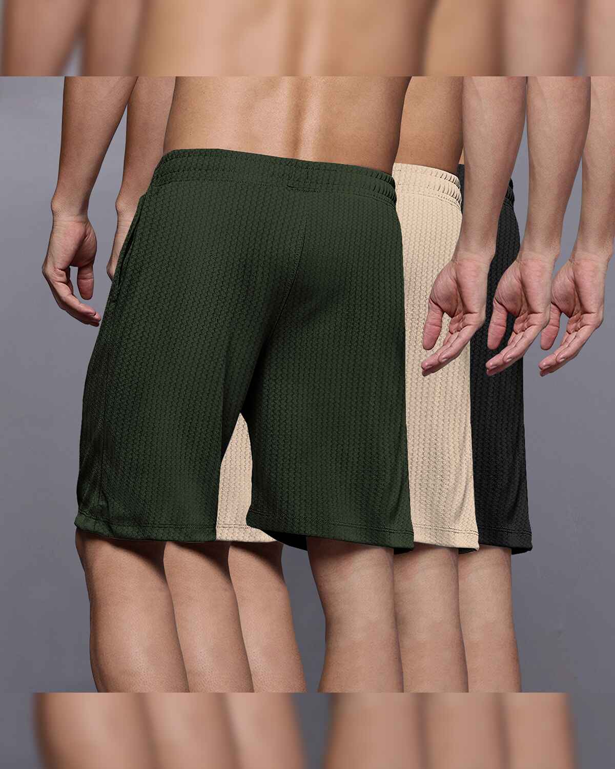 (Pack Of 3) Men Plain Waffle Shorts / Olive-Beige-Black