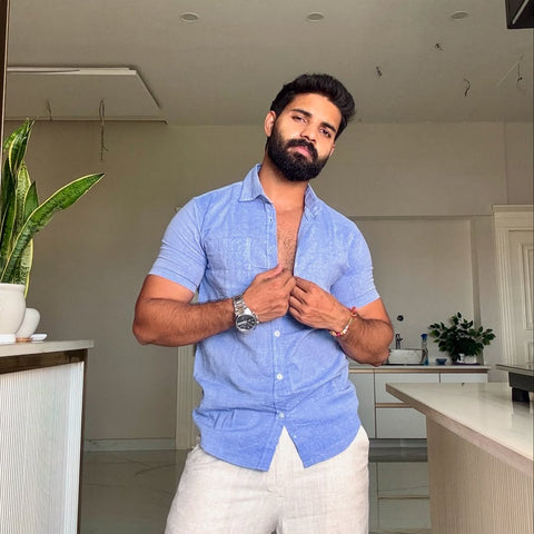 Men's Casual Half Sleeve Shirt - Blue | BHS-124